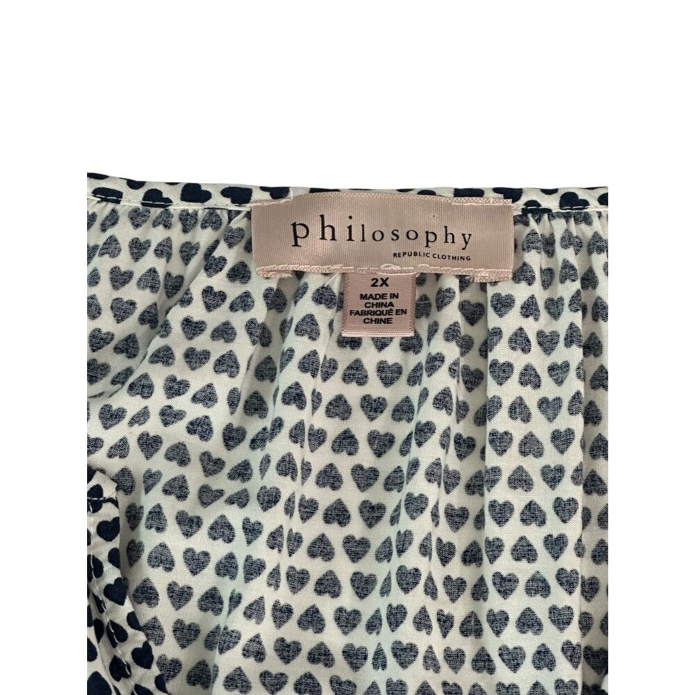 Philosophy 2X Blue White Heart Print Blouse Boho Peasant Top Elastic Sleeve - Picture 6 of 12